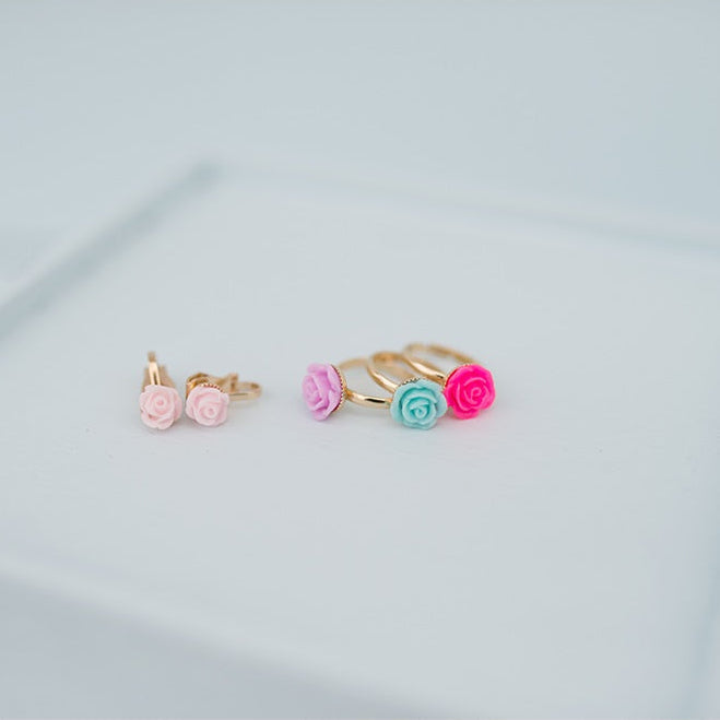Boutique Rose Rings & Earring Set, 3 Rings, 1 Set of Clip on Earrings, Costume Accessory for Kids 3+