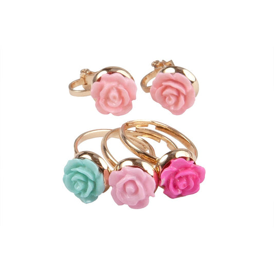 Boutique Rose Rings & Earring Set, 3 Rings, 1 Set of Clip on Earrings, Costume Accessory for Kids 3+