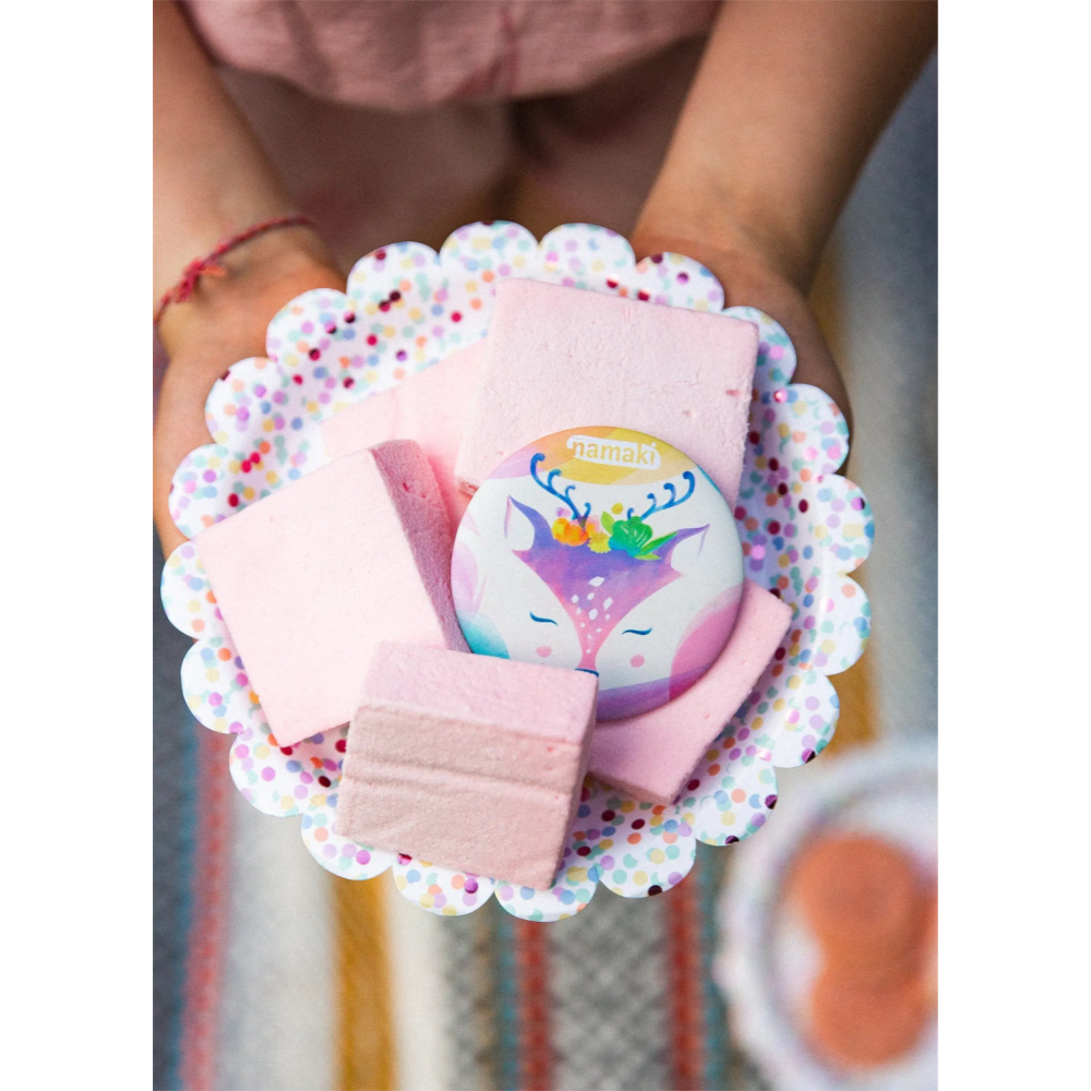 One Two Play Namaki fawn pocket mirror resting on a plate of pink marshmallows for kids pretend play