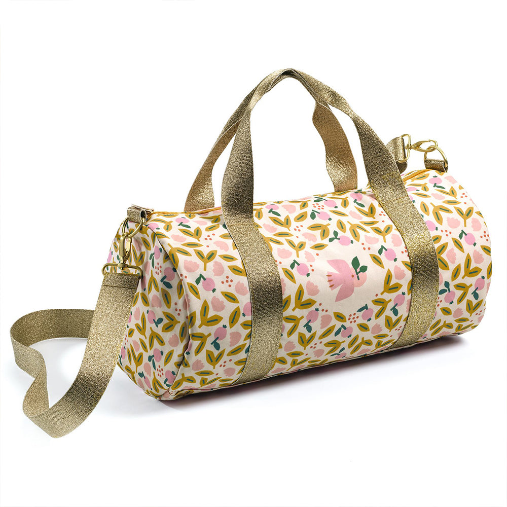 Pink Bird, Duffel Bag, 5+, Waterproof Coated Canvas With Springtime Print & Gold Handle