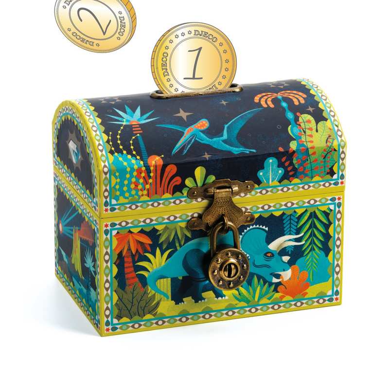 Dinosaur, Wooden Money Box, Treasure Chest With Padlock & 2 Keys
