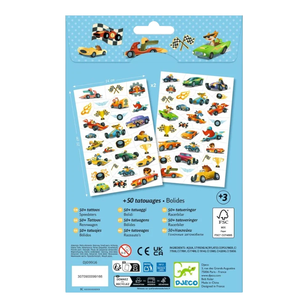 Temporary Tattoo Set 3+: Speedsters Racing Cars, Djeco
