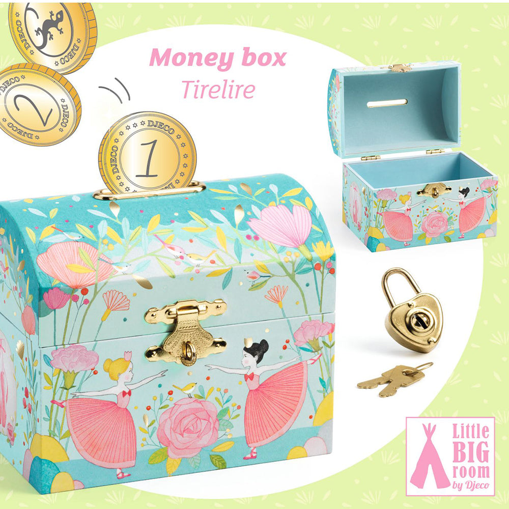 Ballerina, Wooden Money Box, Treasure Chest With Padlock & 2 Keys