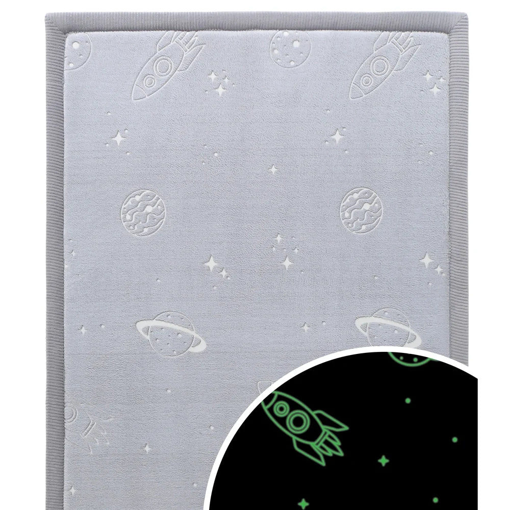 Gray rug with space-themed design and a glow-in-the-dark feature.