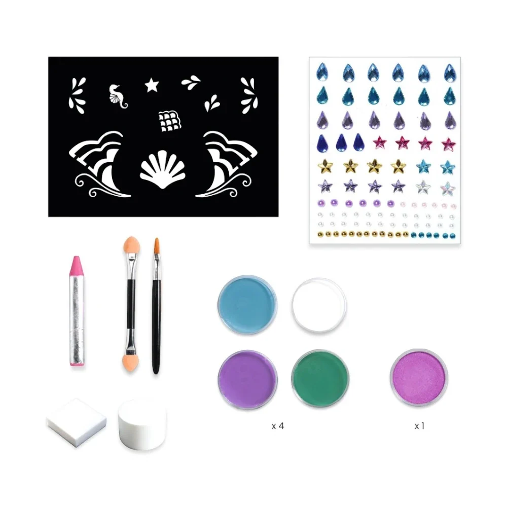 Mermaid, Makeup Set With Stencils & Stickers, 4+, 4 Face Paints With Reusable Stencils