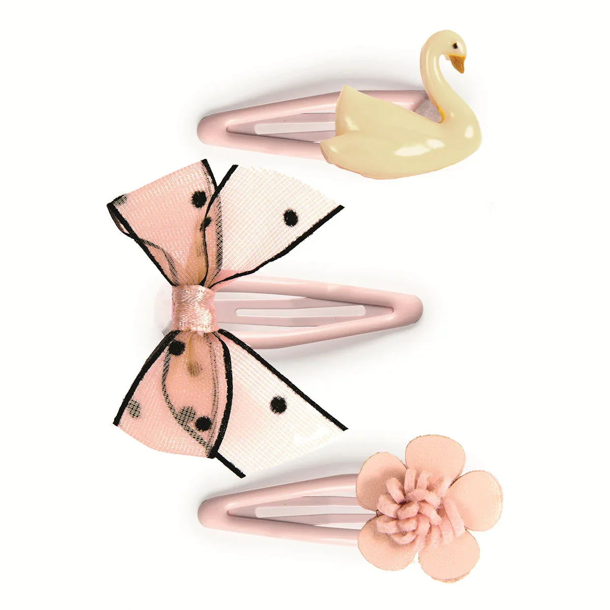 Set of three hair clips with butterfly, swan, and flower designs on a white background