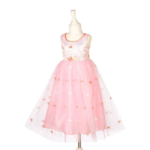 A sleeveless pink tulle dress displayed on a mannequin against a plain white background. The dress has a white embroidered bodice with peach trim and a full pink tulle skirt decorated with small peach butterfly motifs.