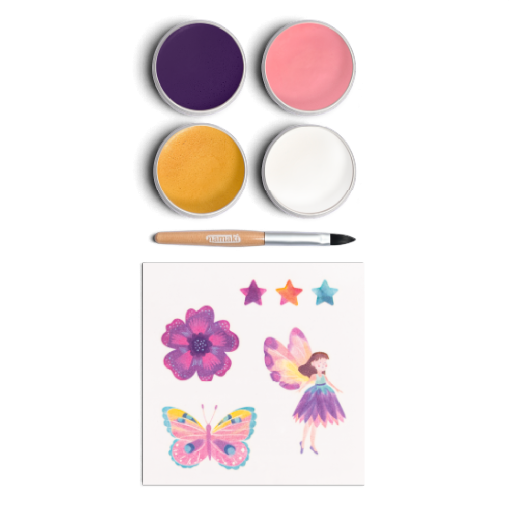 One Two Play butterfly face paint kit for kids with four colourful paint pots, a brush, and decorative stickers.