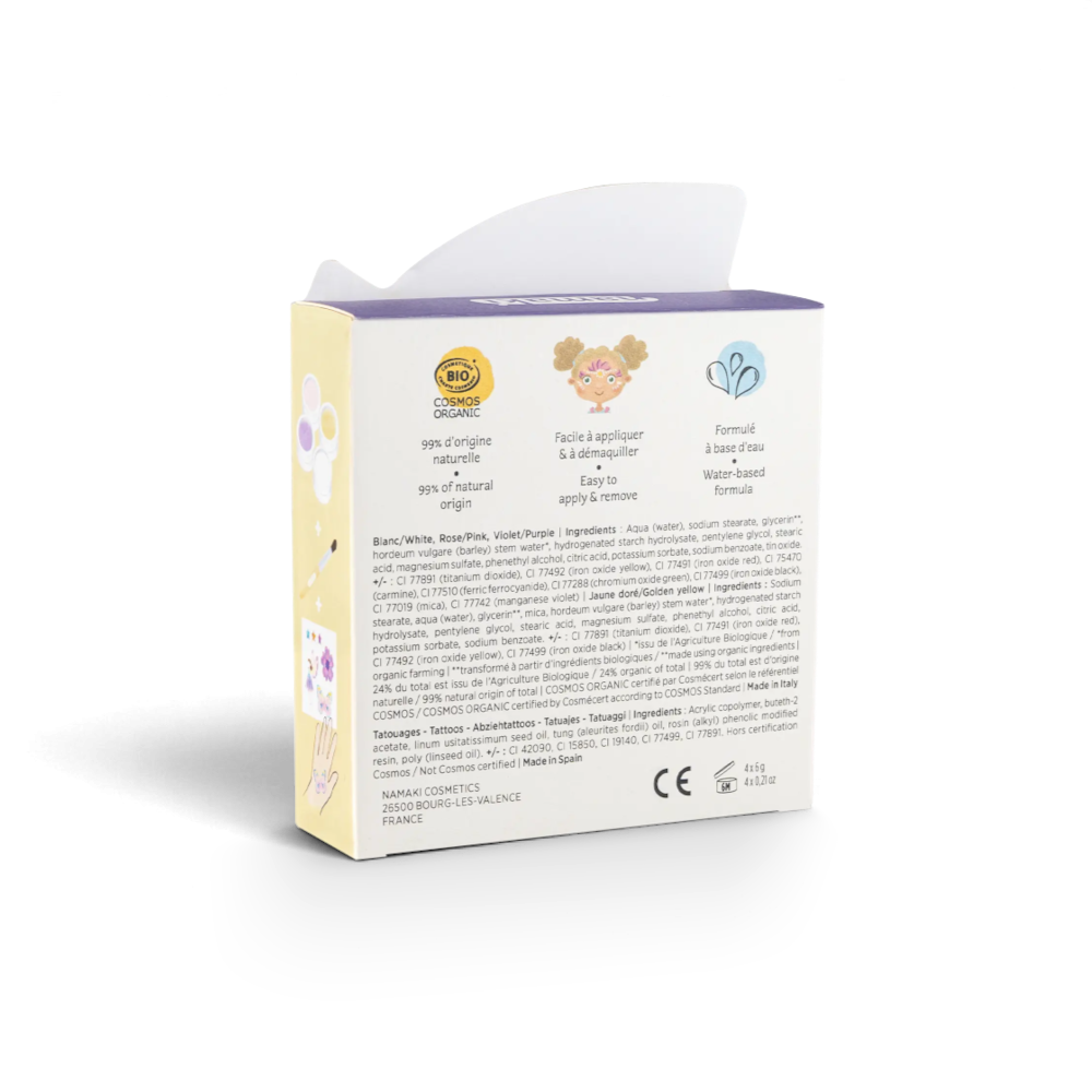 One Two Play Butterfly face paint kit packaging back view showing ingredients and organic certification details