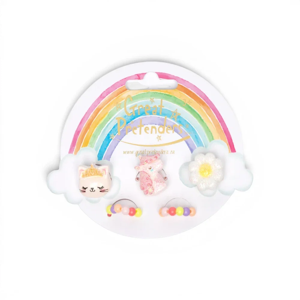 Flower Kitty Unicorn Rings: 5 Pieces, Costume Accessory for Kids 3+
