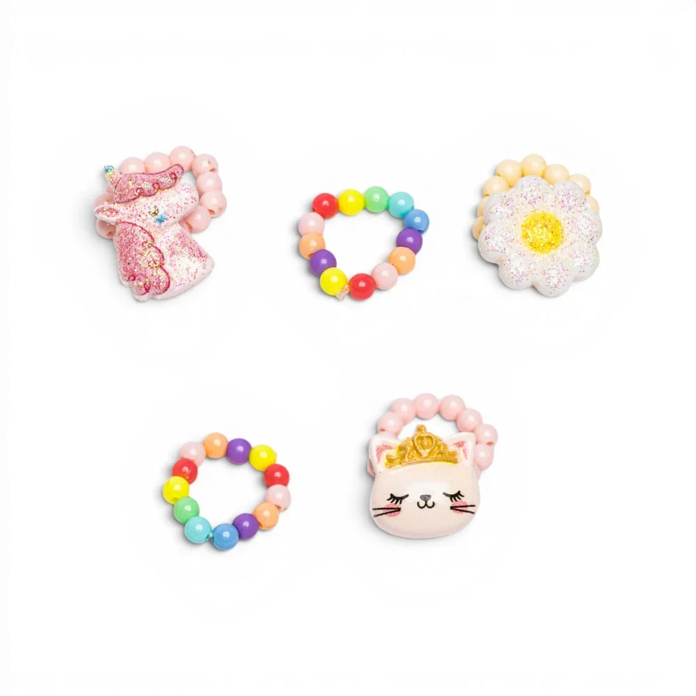Flower Kitty Unicorn Rings: 5 Pieces, Costume Accessory for Kids 3+