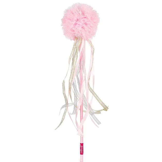 A pink fluffy pom-pom wand with long hanging ribbons in pink, white, and metallic silver, shown on a plain white background.